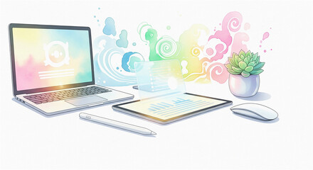 Fototapeta premium Abstract colorful watercolor background and paperless workspace with laptop and tablet