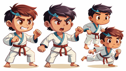 Portraits of little boy, child, training, doing karate isolated over white studio background. Collage. Strong stance, focused expression, traditional gi, excellent for martial arts concepts or sporty 
