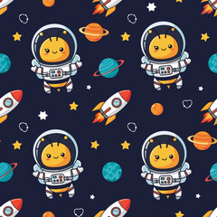 Adorable astronaut bees rockets and planets in a fun starry space pattern for kids