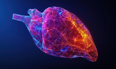 A vibrant, digital rendering of a human heart.  A complex network of glowing lines creates a 3D model
