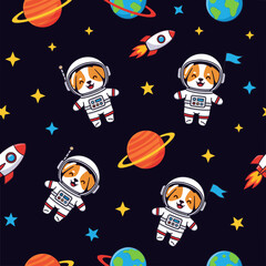 Cute cartoon dogs in astronaut suits floating in space with planets rockets and stars Fun kids design