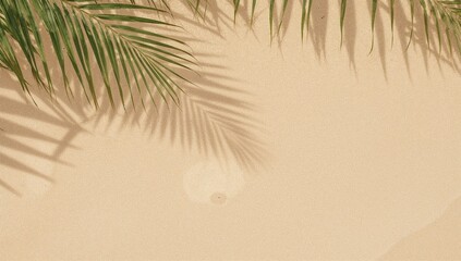 Serene sandy beach background with vibrant palm fronds and gentle shadows creating a perfect summer vacation vibe