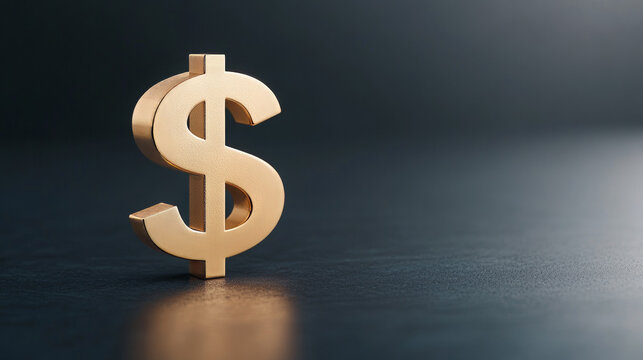 Gold dollar sign standing on a dark reflective surface  