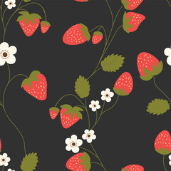 Seamless pattern with strawberry on color background. Natural delicious fresh ripe tasty fruit. Vector illustration for print, fabric, textile, banner, other design. Food concept