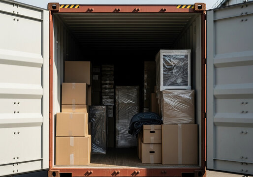 Packed cargo container full of cardboard boxes and wrapped furniture.