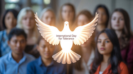 International Day for Tolerance symbolized by a glowing dove in front of a diverse group of people.