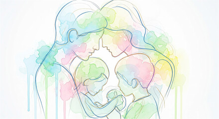 Colorful abstract watercolor portrait of a family facing each other