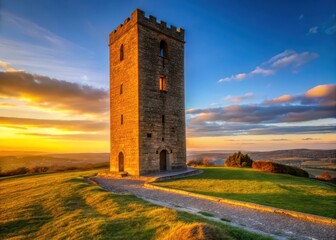 Tower during golden hour with warm light casting a glow on the stone architecture