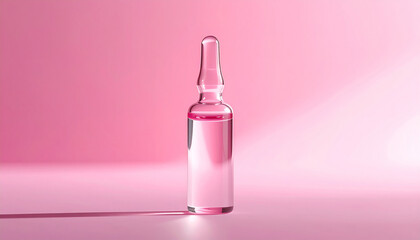 Glass ampoule, transparent vial with liquid. Modern skincare, hyaluronic acid or botulinum product