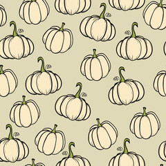 Seamless pattern with pumpkins on color background. Vector hand drawn sketched pumpkin. Autumn illustration for holidays, Halloween. Various food items in doodle style.
