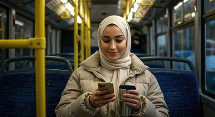 Young woman in hijab using smartphone and holding travel mug on public bus