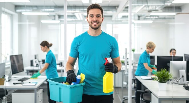 Smiling male cleaner holding cleaning supplies in a modern office