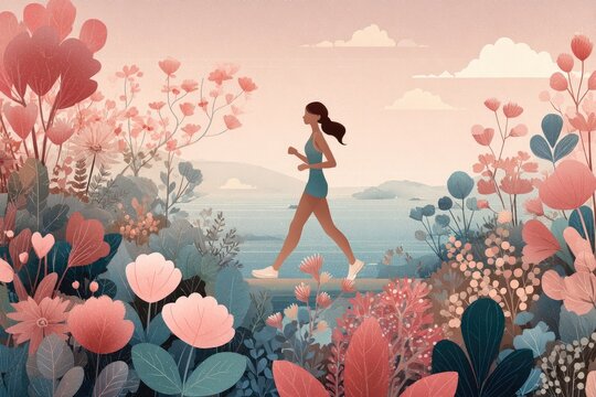 Lifestyle illustration Healthy lifestyle young woman jogging through a blooming garden at dawn pastel colors serene atmosphere