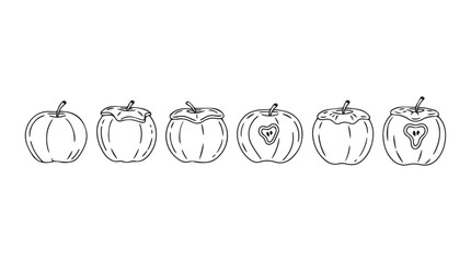 Six hand drawn sketch style pumpkins with different carved faces for halloween decor silhouette