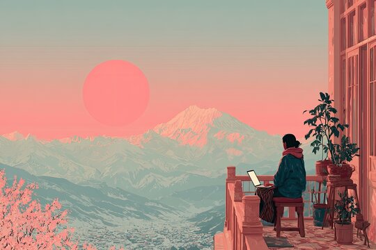 Lifestyle illustration Digital nomad lifestyle person working remotely from picturesque cafe overlooking mountains cozy interior design minimalist aesthetic