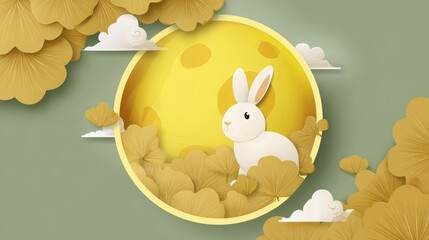 Cute cartoon vector illustration of moon and white rabbit with golden Chinese landscape elements, auspicious clouds, lotus, and floral patterns, minimalist flat design for mid autumn festival concept.