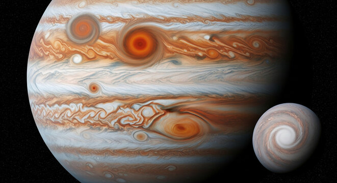A mesmerizing portrait of Jupiter's swirling, chaotic atmosphere.

This stunning, high-resolution digital image captures the dynamic and beautiful surface of Jupiter, the largest planet in our solar s