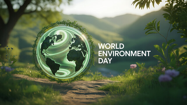 World Environment Day celebration with a glowing Earth encircled by greenery in a serene natural landscape
