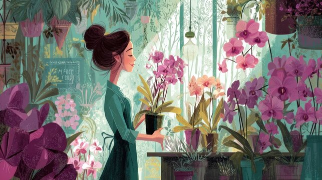 Lifestyle illustration Green thumb lifestyle enthusiastic gardener growing prize-winning orchids indoors successfully despite harsh climate conditions outdoors