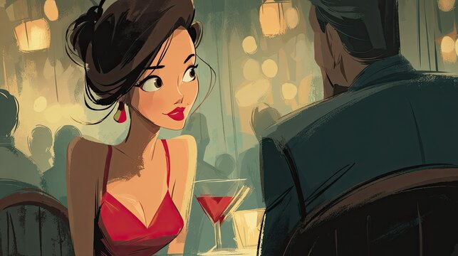 Social and Relationships illustration A romantic date night woman in a red dress at a candlelit dinner woman lifestyle