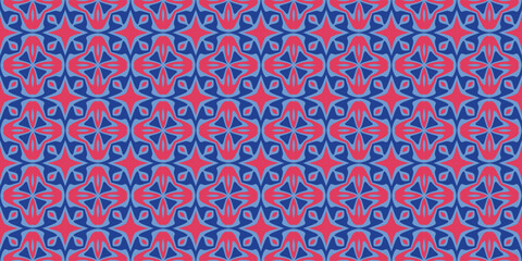 A repeating geometric pattern featuring a symmetrical floral motif in vibrant pink and deep blue hues. © Hokyubi