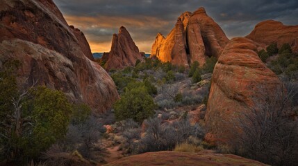 plateau. Dramatic desert canyon with striking rock formations under a warm sunset sky. inspiring travel planning, travel magazines, designed for outdoor magazines and nature guides.