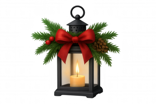 Christmas lantern with flickering candle, pine branches, red bow, berries, and a pinecone on transparent background - Powered by Adobe