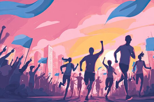 Lifestyle illustration Fitness lifestyle marathon runners crossing finish line after grueling race crowds cheering enthusiastically