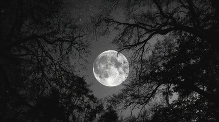 Naklejka premium A full moon casts a serene glow through the branches of dark trees on a starlit night.
