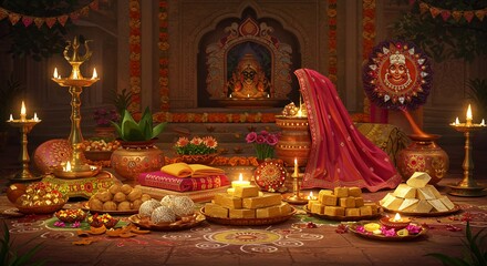 Fototapeta premium Festive Arrangement with Sweets and Lit Candles in Temple Setting
