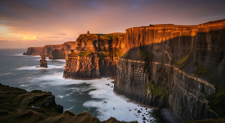 Cliffs of moher at sunset with dramatic light and ocean waves crashing against the rocky coastline ai generated