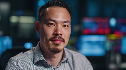 programmer. A focused programmer with lines of code projected in the background, illuminated by cool blue light. product launch decks.