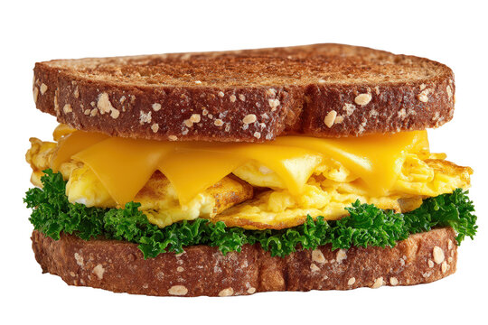 A hearty breakfast sandwich with scrambled eggs, melted cheddar cheese, and fresh kale on toasted whole wheat bread, isolated on transparent background