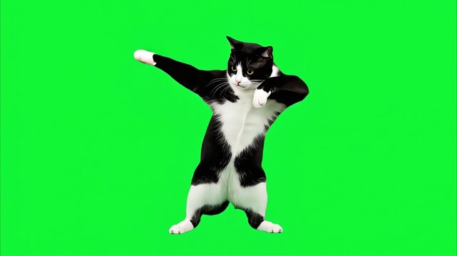 A black and white tuxedo cat stands on two legs and performs a dab dance move in a smooth loop against a green screen background