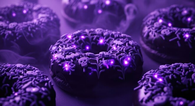 Spooky halloween donuts with purple sprinkles and glowing lights for a party treat
