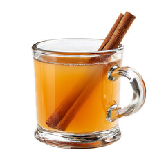 Glass of warm apple cider with cinnamon stick. Isolated white background. Png format