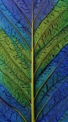 A detailed close-up view of a leaf, showcasing intricate patterns and vibrant colors.  The vein structure is clearly visible, creating a mesmerizing visual composition.