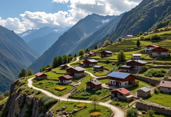 mountain village with communal spaces, renewable energy, sustainable farming, showing resilient communities adapting to isolation.