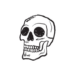 Hand drawn skull design as a symbol of happy Halloween in black brush stroke texture isolated on white. Vector sketch illustration in vintage charcoal ink. Skeleton, tattoo design, day of the dead.