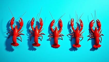 Five bright red crawfish arranged in a line against a vibrant teal background