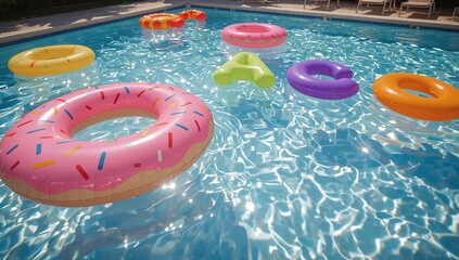 Vibrant inflatable donut rings and letter floats bob playfully on a sparkling blue swimming pool surface on a sunny day