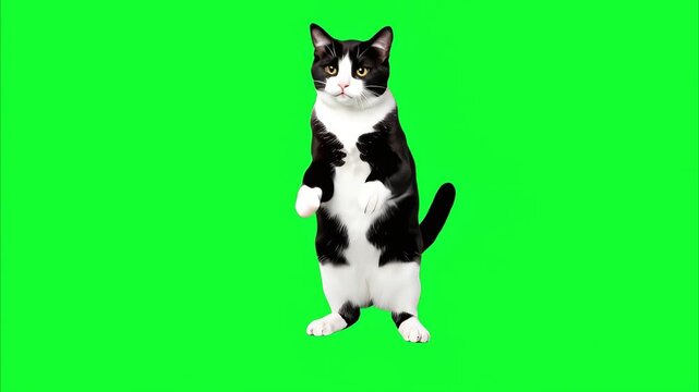 A black and white tuxedo cat stands on two legs and performs joyful dance moves with paw swings and head tilts, looping smoothly on a green screen background