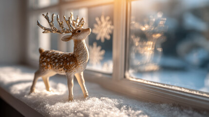 A reindeer figurine with golden antlers stands on a snowy windowsill with sunlight shining through frosted glass and snowflakes in the background