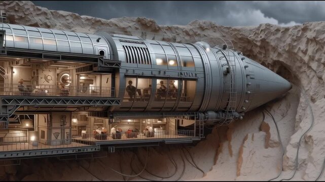 Underground tunnel boring machine visualized as a gigantic metallic rocket through rock layers, fantasy engineering mashup
