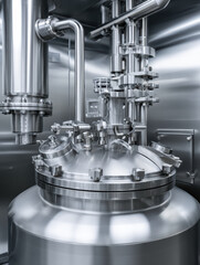close-up of sophisticated stainless steel machinery, showcasing intricate components and piping, typical in industrial or laboratory settings.