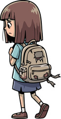 Sad Girl with a Damaged Backpack Walking Away