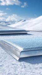 Modern, metallic skylights rest atop a snowy, mountain landscape, bathed in bright sunlight.