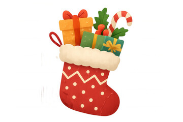 Hanging christmas stocking filled with festive presents, candy cane, and holly creating holiday cheer on a transparent background