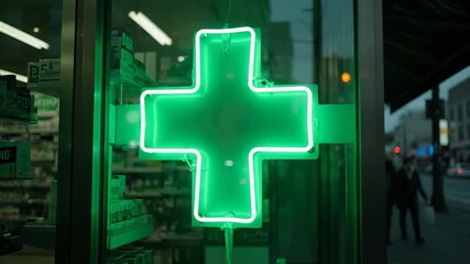 At twilight, a vibrant green neon cross radiates from the pharmacy window, illuminating the bustling city street with blurred traffic and passersby casting reflections on the glass