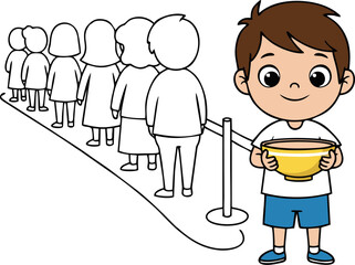 Young Boy with Bowl Waiting in Line of Simple Figures